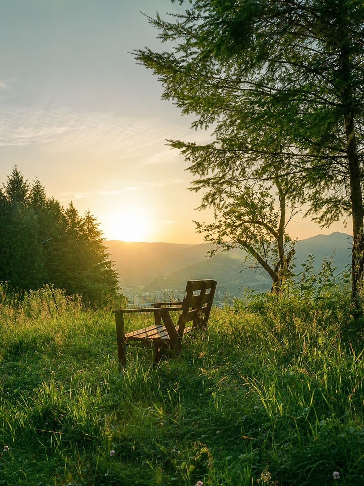 Bank mit Blick über das Schwarzwaldtal im Abendlicht — Wohnort und Natur